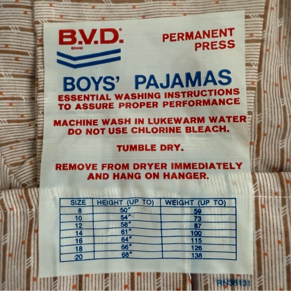 Vintage BVD Flame‑Resistant Permanent‑Press Pajamas Boys Size 8 Orange / Brown - Picture 8 of 8
